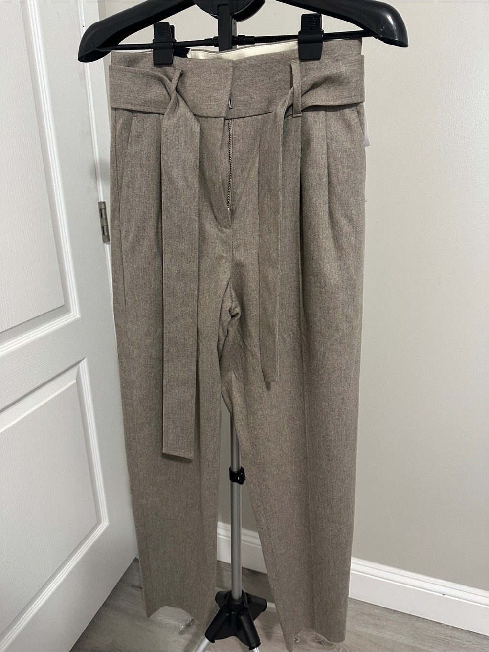 Aritzia Taupe Paperbag High-Waist Trousers with Self Tie